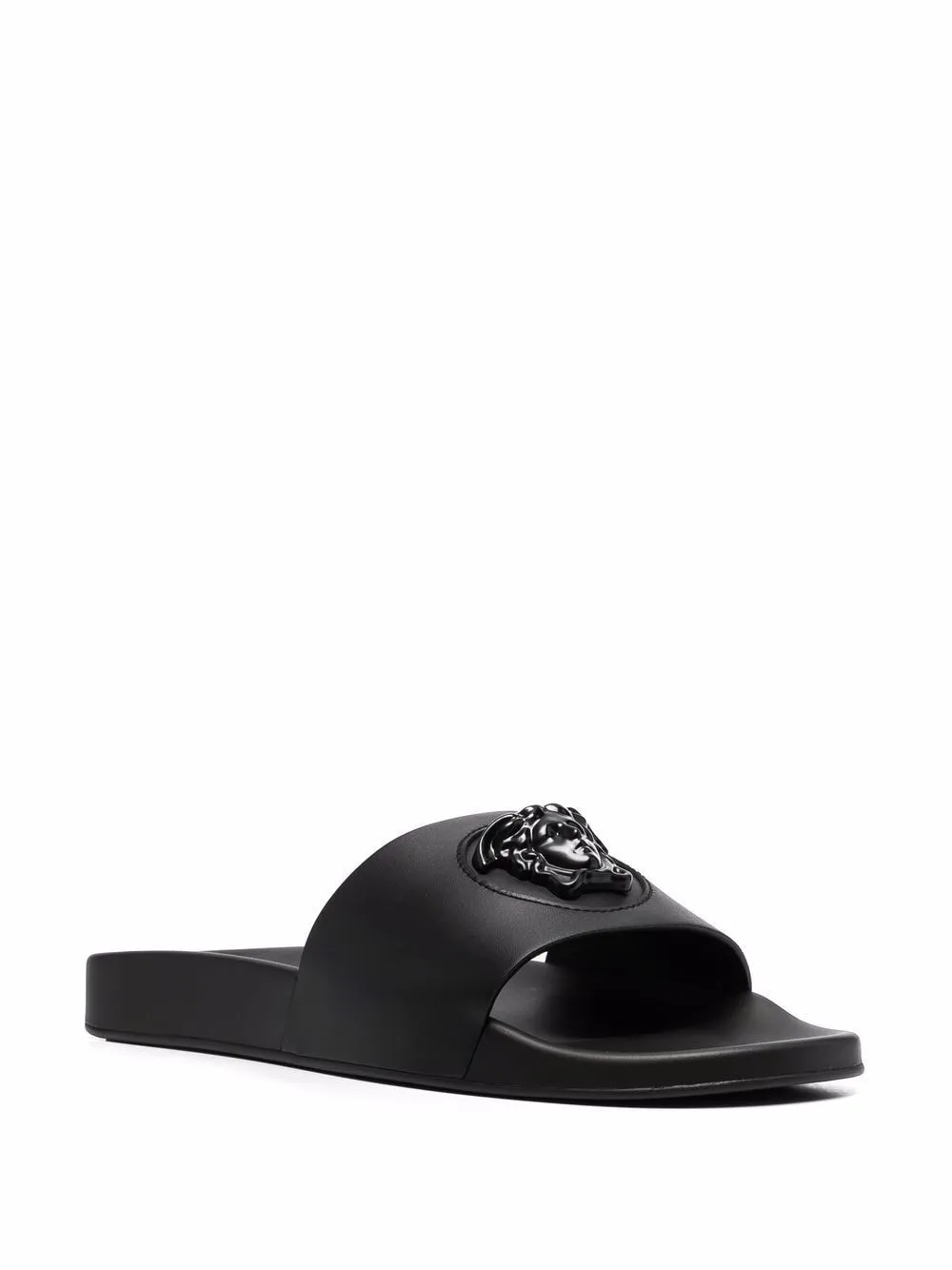 Black leather La Medusa leather slides