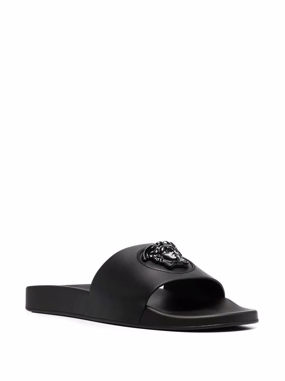 Black leather La Medusa leather slides