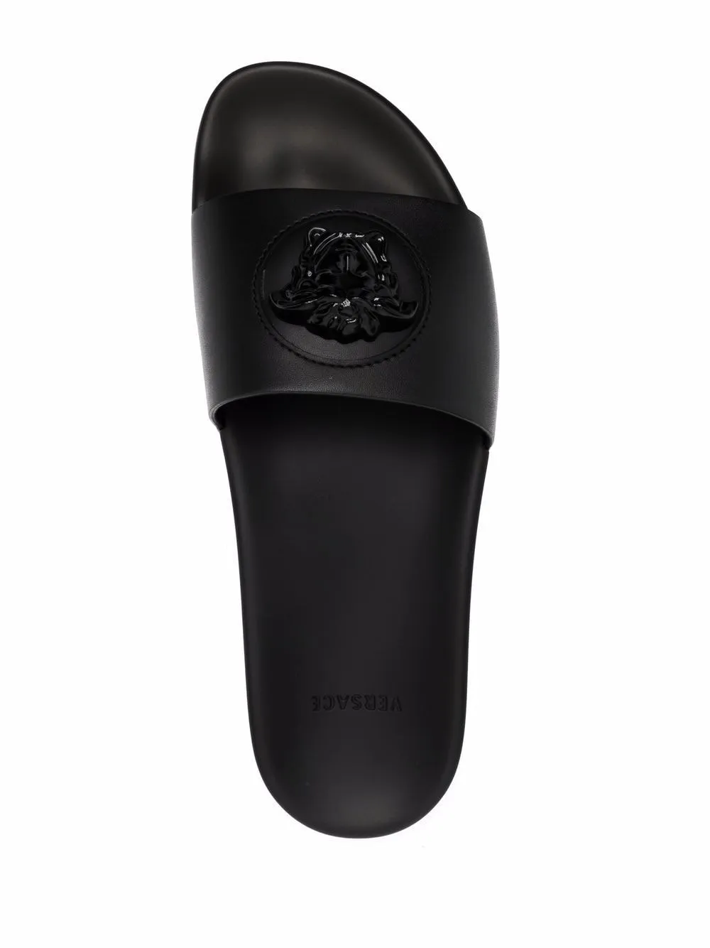 Black leather La Medusa leather slides