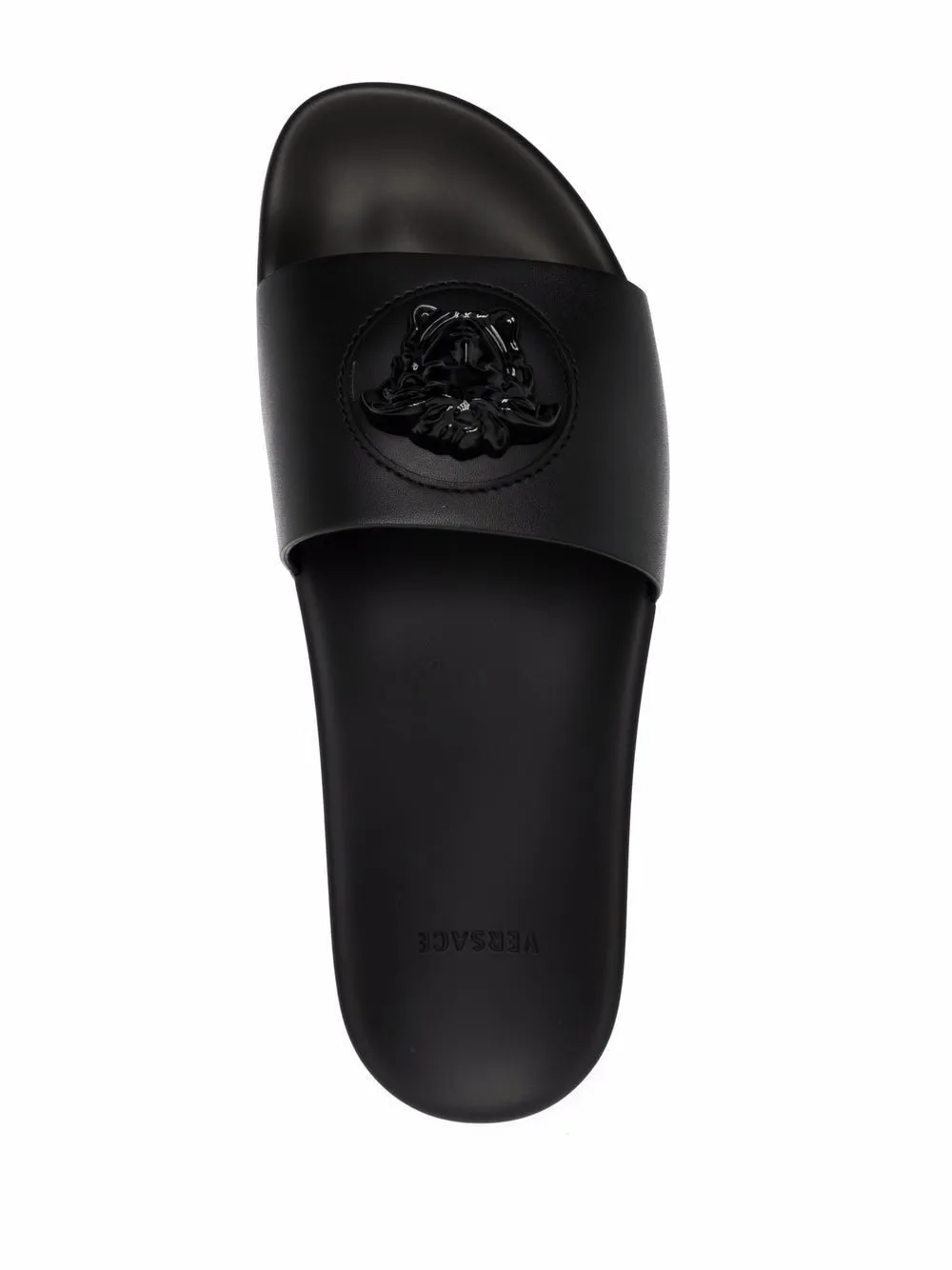Black leather La Medusa leather slides