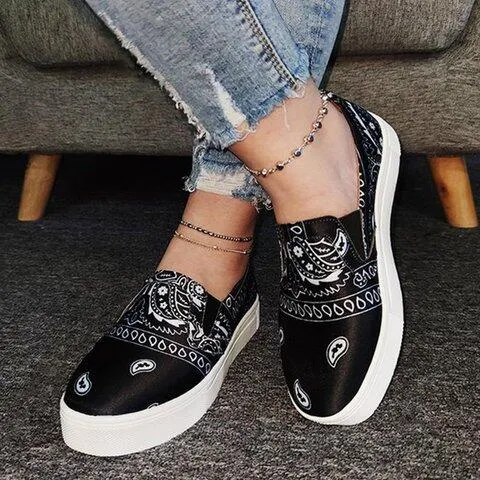 Chicvane New Paisley Print Slip on Round Toe Platform Loafers