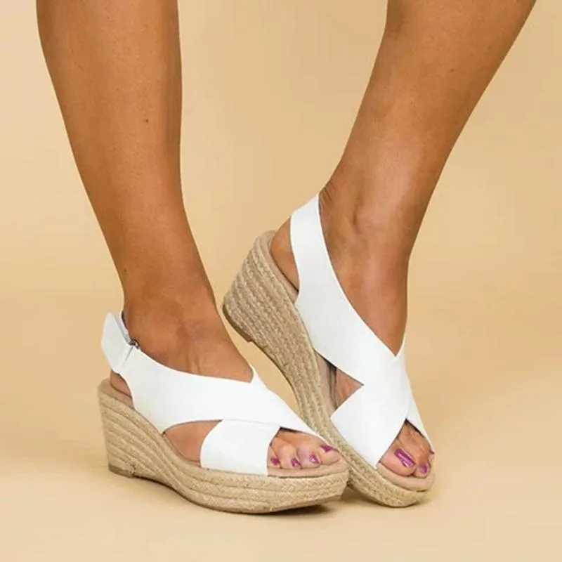 Crossed Strap Peep Toe Magic Tape Wedge Sandals For Women Summer