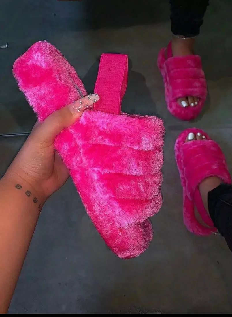 Ladies Comfy Fluffy Fur Slippers Indoor Outdoor Flat Summer Sandals Flip Flops