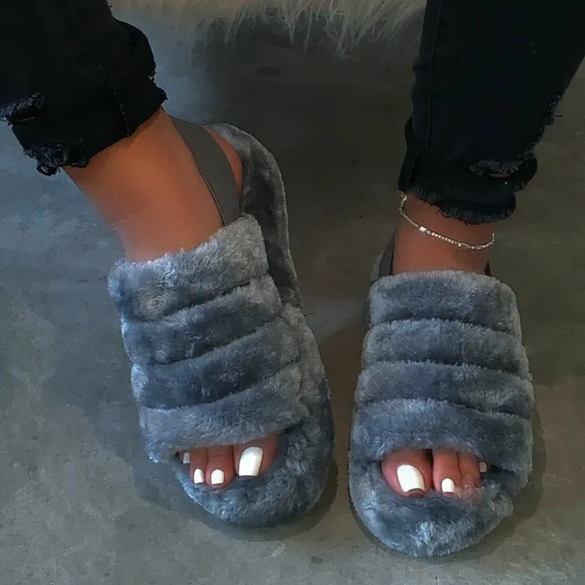 Ladies Comfy Fluffy Fur Slippers Indoor Outdoor Flat Summer Sandals Flip Flops