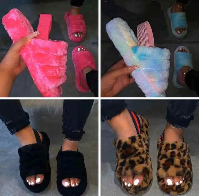 Ladies Comfy Fluffy Fur Slippers Indoor Outdoor Flat Summer Sandals Flip Flops
