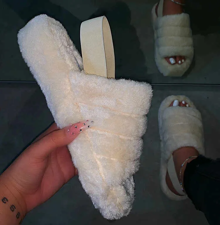 Ladies Comfy Fluffy Fur Slippers Indoor Outdoor Flat Summer Sandals Flip Flops