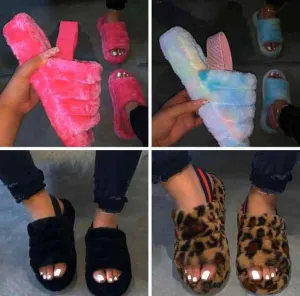 Ladies Comfy Fluffy Fur Slippers Indoor Outdoor Flat Summer Sandals Flip Flops