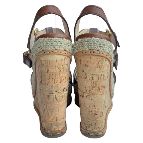 PRADA Brown Leather Strappy Cork Wedge Sandals, Size 38