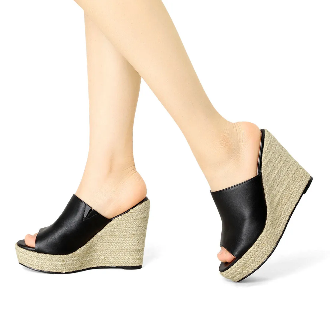 PU Leather Open Toe Espadrille Wedge Platform Mules