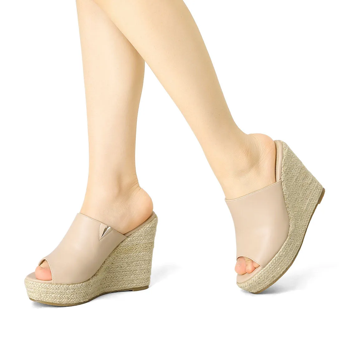 PU Leather Open Toe Espadrille Wedge Platform Mules