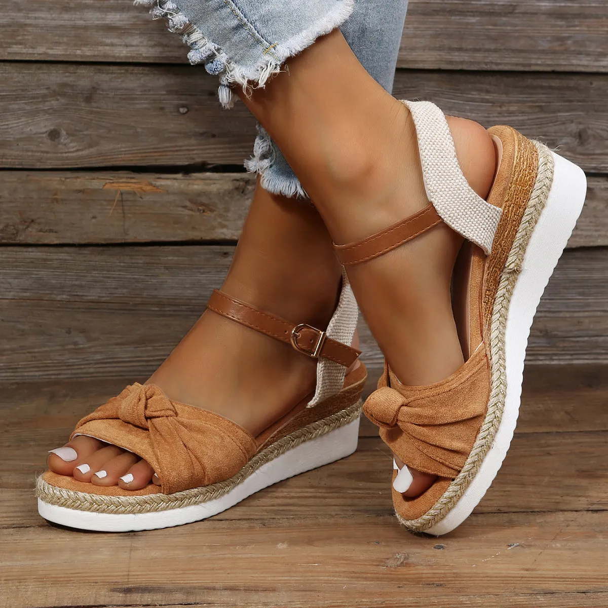 Sohiwoo  Bowknot Espadrille Cork Platform Wedges Slingback Sandals for Women