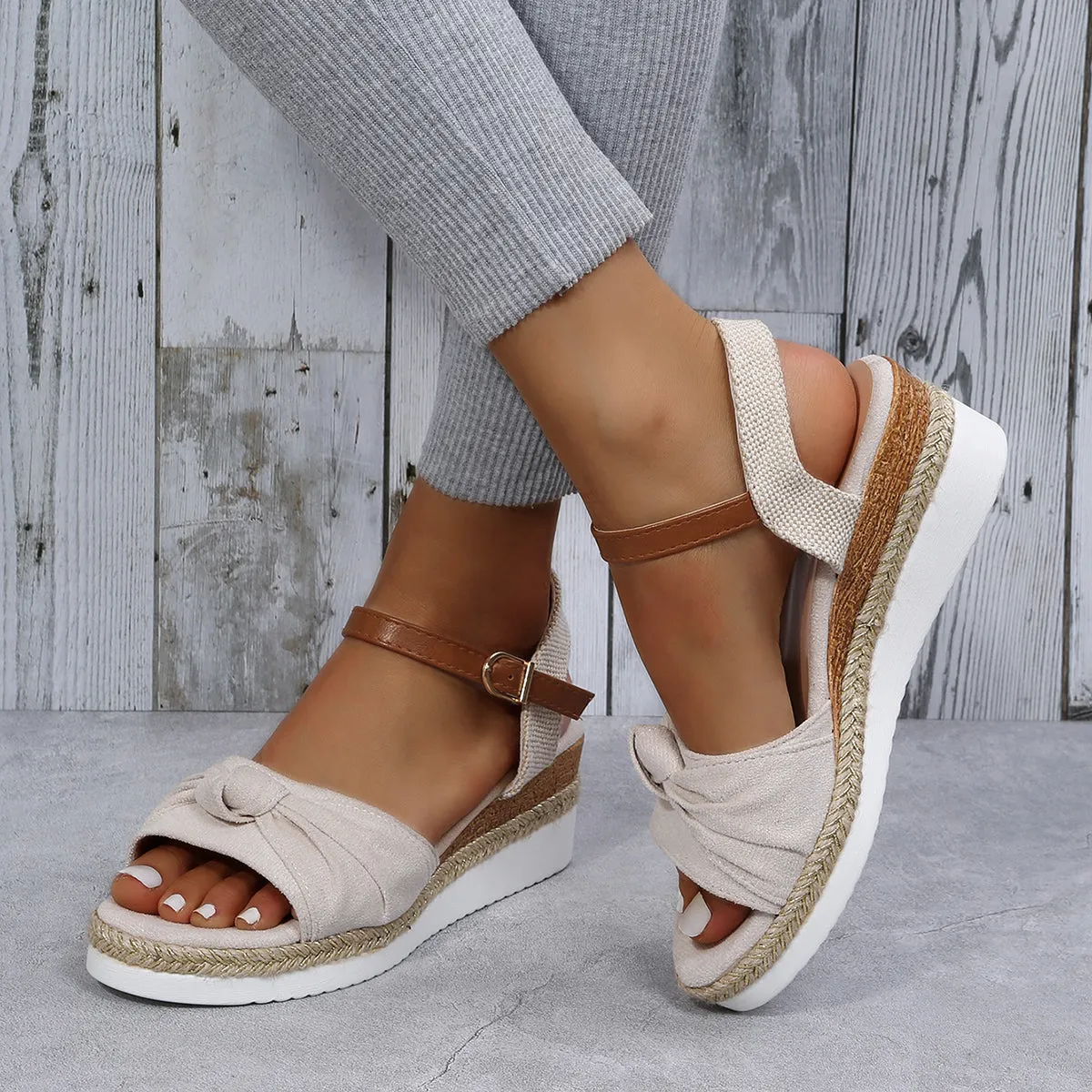 Sohiwoo  Bowknot Espadrille Cork Platform Wedges Slingback Sandals for Women