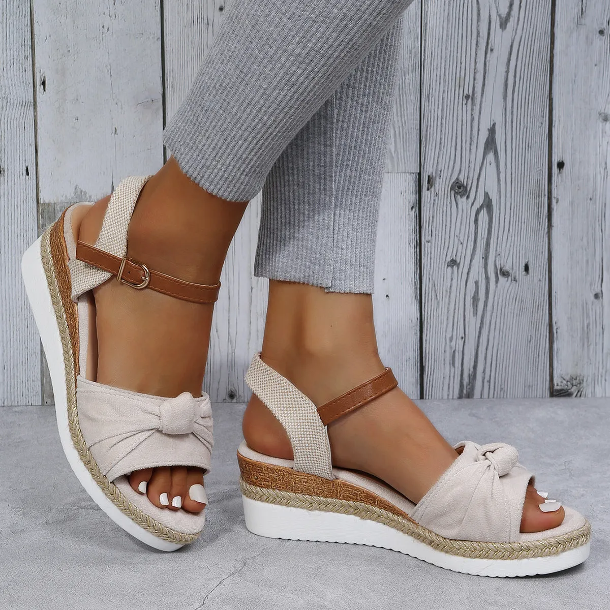 Sohiwoo  Bowknot Espadrille Cork Platform Wedges Slingback Sandals for Women