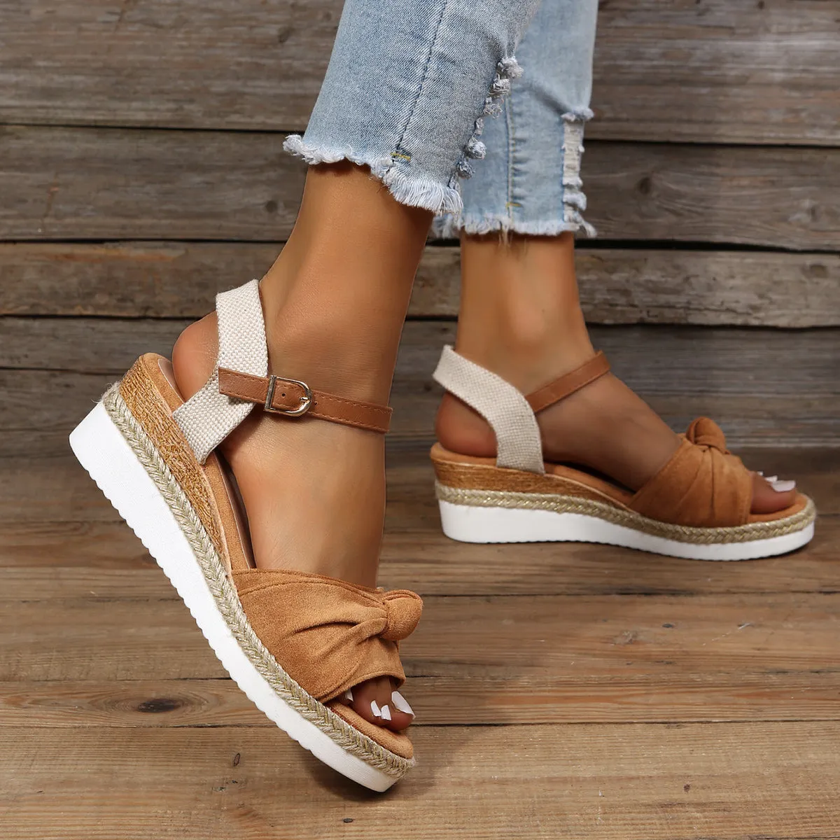 Sohiwoo  Bowknot Espadrille Cork Platform Wedges Slingback Sandals for Women