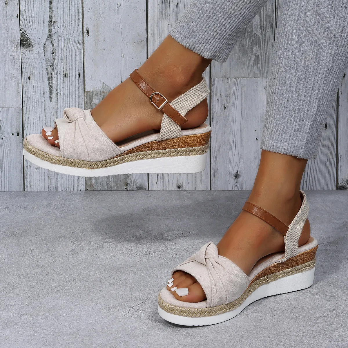 Sohiwoo  Bowknot Espadrille Cork Platform Wedges Slingback Sandals for Women
