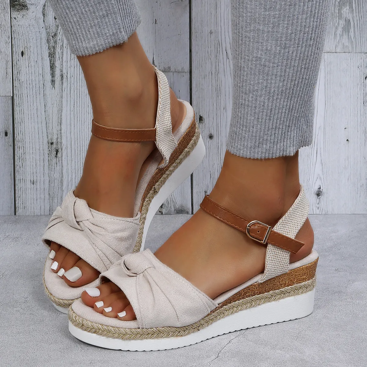 Sohiwoo  Bowknot Espadrille Cork Platform Wedges Slingback Sandals for Women