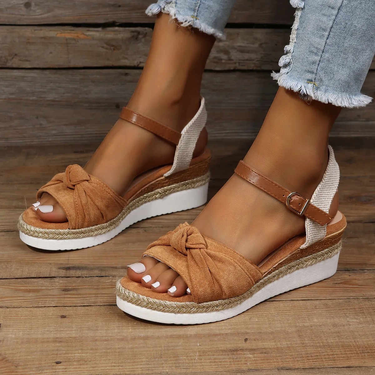 Sohiwoo  Bowknot Espadrille Cork Platform Wedges Slingback Sandals for Women