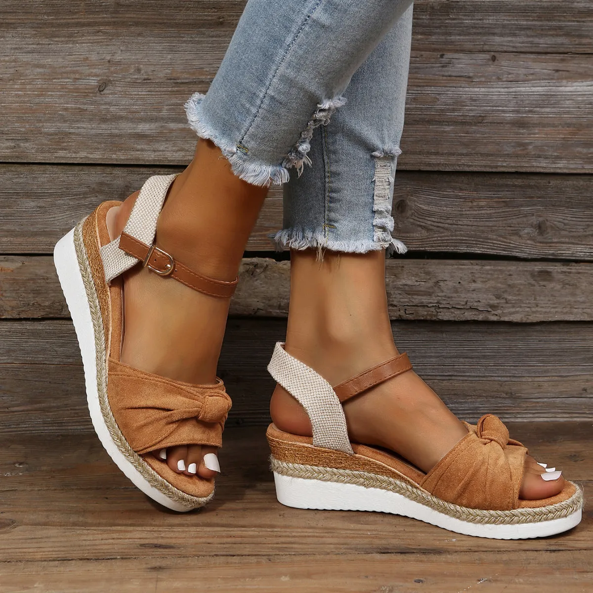 Sohiwoo  Bowknot Espadrille Cork Platform Wedges Slingback Sandals for Women
