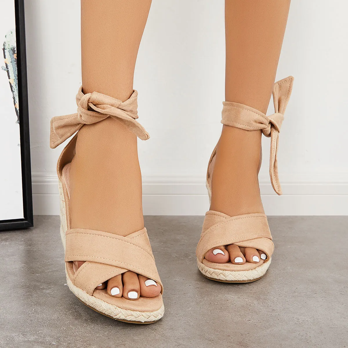 Sohiwoo  Women's Criss Cross Strap Espadrille Wedges Lace Up Ankle Strap Sandals